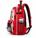 Red custom youth baseball backpack side view with bat sleeve, mesh water bottle pocket and padded shoulder straps