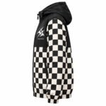 Side profile of checkered custom windbreaker jacket showing drawstring hood, zip pocket and elastic cuff