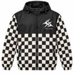 Custom windbreaker jacket in black and cream checkered pattern with hood and Wani Wears chest logo