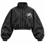 Custom women's cropped windbreaker in washed black with full zip and 3D puff print logo – Wani Wear